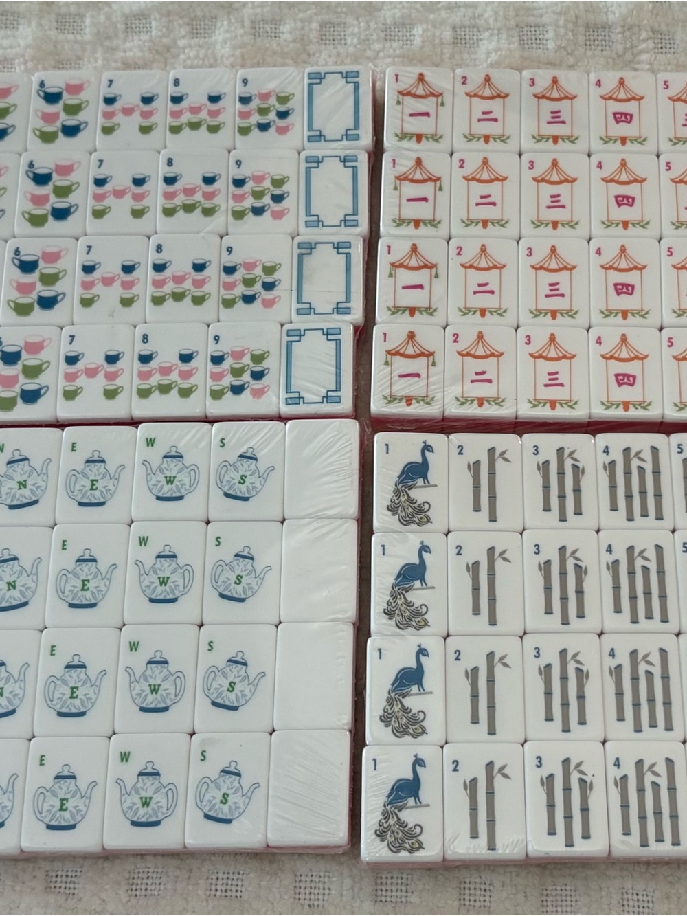 Mahjong Tile Set - Teacup Inspired Pink Tiles with Colorful Symbols